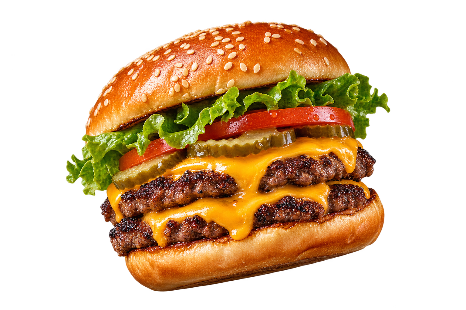 A floating double cheeseburger with a sesame bun, melted cheddar, and fresh lettuce